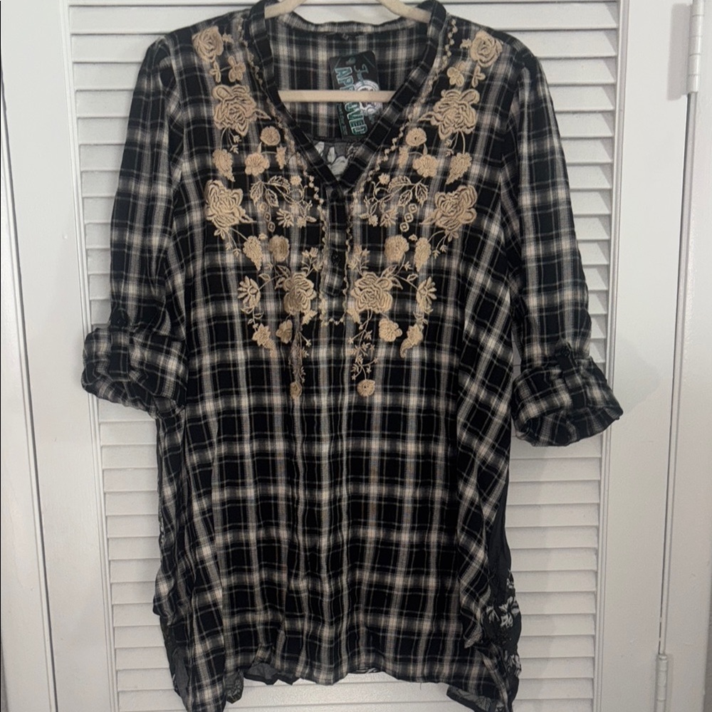 Embroidered Black Plaid Women's Top